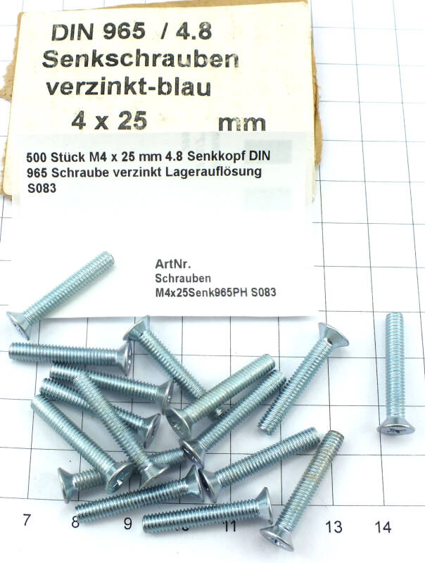 500 Stück M4 x 25 mm 4.8 Senkkopf DIN 965 Schraube verzinkt Lagerauflösung S083