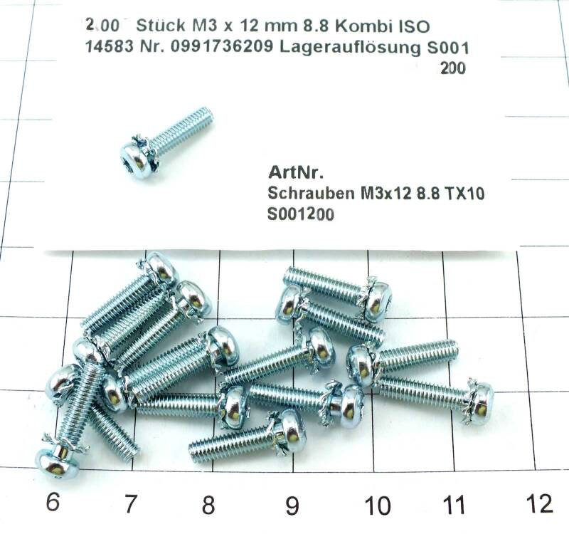 200 St. M3 x 12 mm Torx 8.8 Kombi ISO 14583 Sperrscheibe Lagerauflösung S001-200