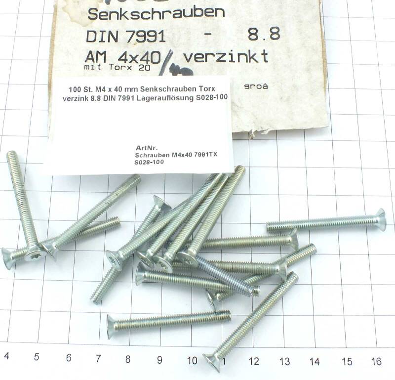 100 St M4 x 40 mm Senkschrauben Torx verzinkt 8.8 DIN 7991 Lagerauflö S028-100 