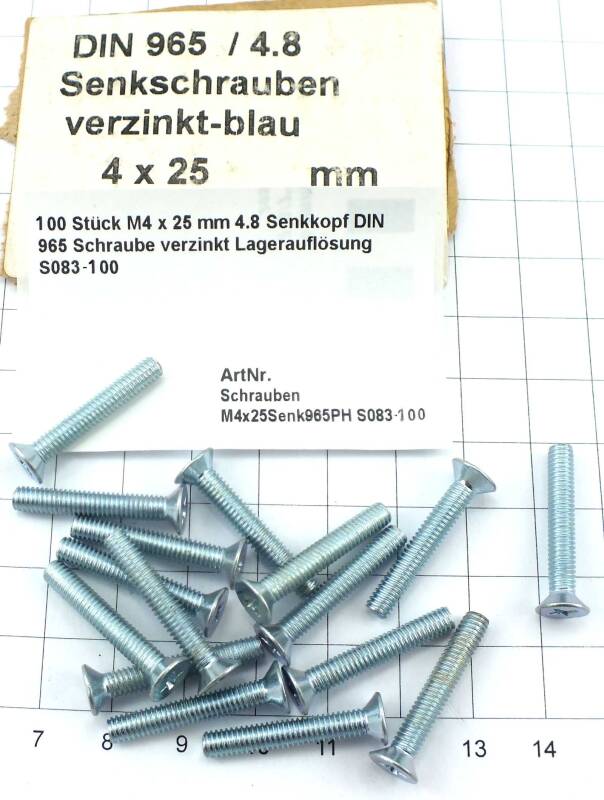 100 Stück M4 x 25 mm 4.8 Senkkopf DIN 965 Schraube verzinkt Lagerauflö. S083-100