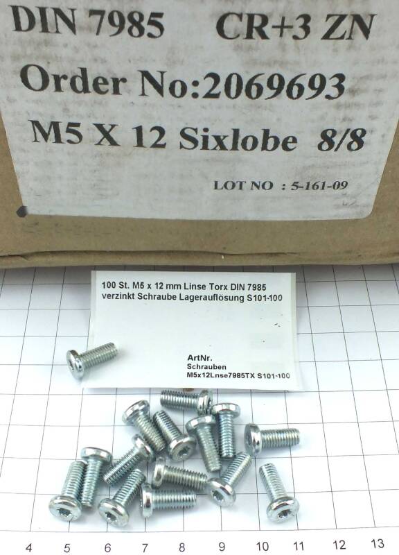 100 St DIN 7985 verzinkt Schraube Lagerauf S101-100 M5 x 12 mm Linse Torx ähnl 