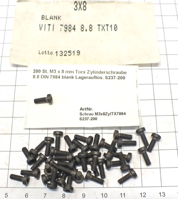 200 St. M3 x 8 mm Torx Zylinderschraube 8.8 DIN 7984 blank Lagerauflös. S237-200