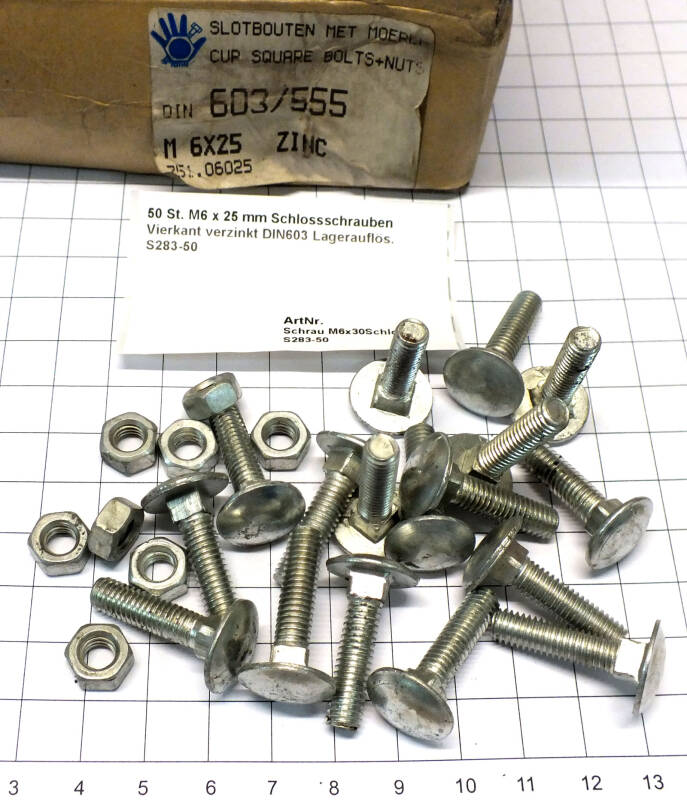 50 St. M6 x 25 mm Schlossschrauben Vierkant verzinkt DIN603 Lagerauflös. S283-50