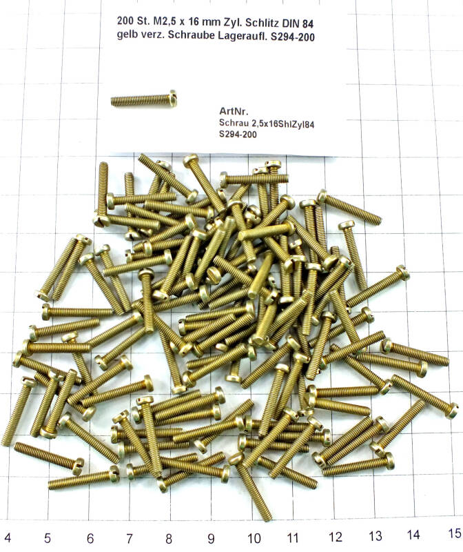 200 St. M2,5 x 16 mm Zyl. Schlitz DIN 84 gelb verz. Schraube Lageraufl. S294-200