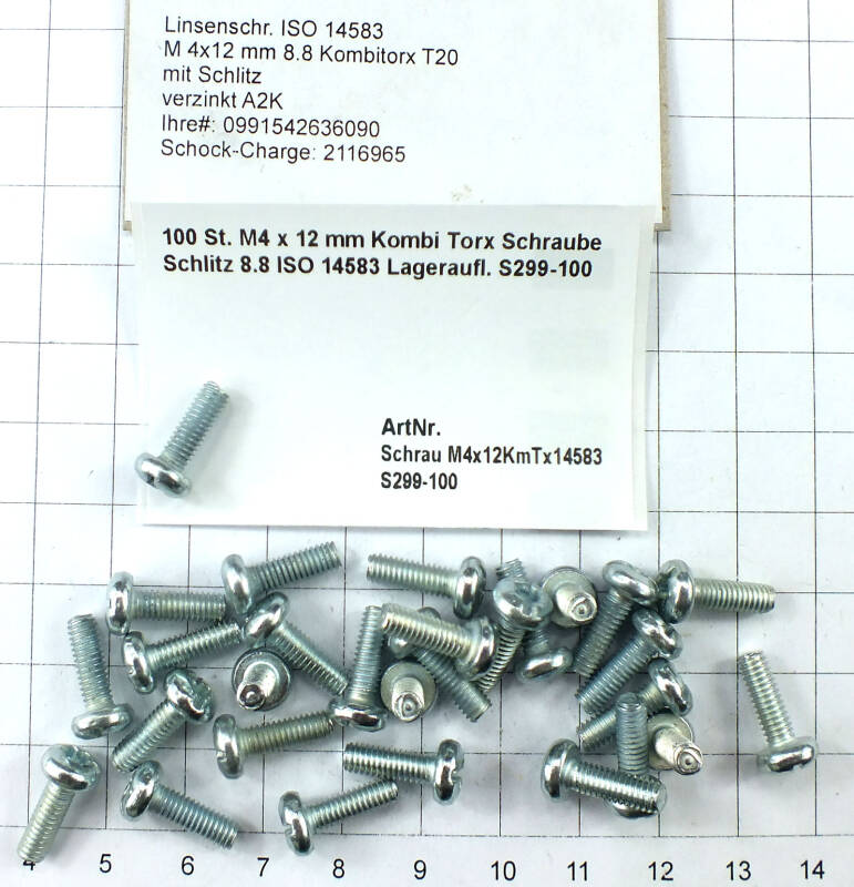 100 St. M4 x 12 mm Kombi Torx Schraube Schlitz 8.8 ISO 14583 Lageraufl. S299-100