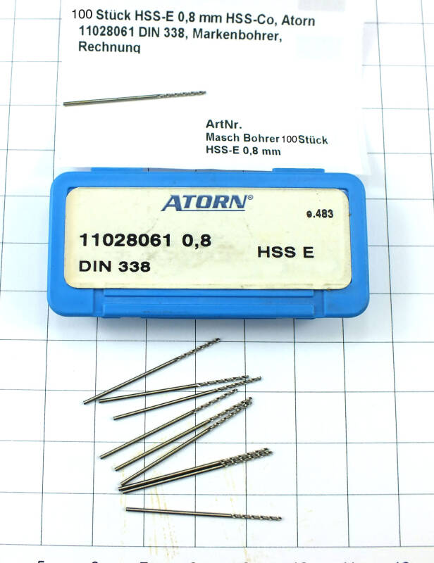 100 St. HSS-E 0,8 mm HSS-Co, Atorn 11028061 DIN 338 Markenbohrer Spiralbohrer