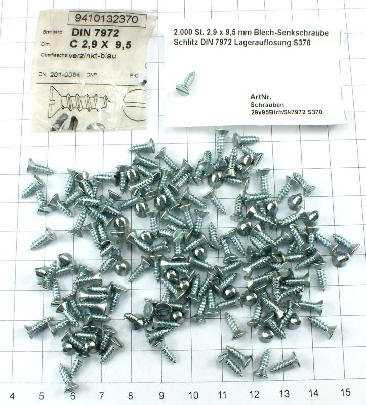 2.000 St. 2,9 x 9,5 mm Blech-Senkschraube Schlitz DIN 7972 Lagerauflösung S370