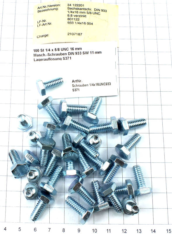 100 St 1/4 x 5/8 UNC 16 mm Masch.-Schrauben DIN 933 SW 11 mm Lagerauflösung S371