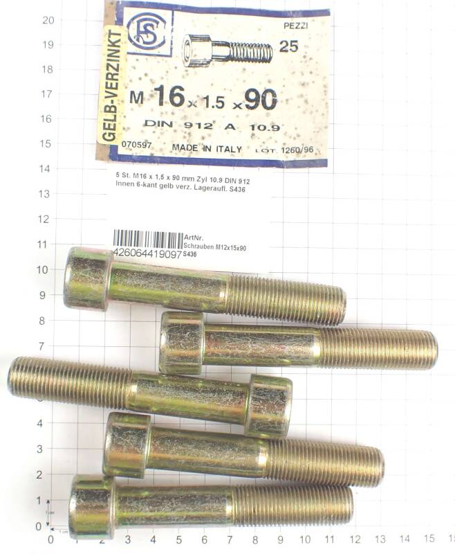 5 St. M16 x 1,5 x 90 mm Zyl 10.9 DIN 912 Innen 6-kant gelb verz. Lageraufl. S436
