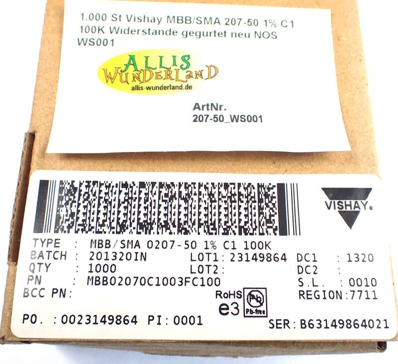 1.000 St. Vishay MBB/SMA 0207-50 1% C1 100K Widerstände gegurtet neu NOS WS001