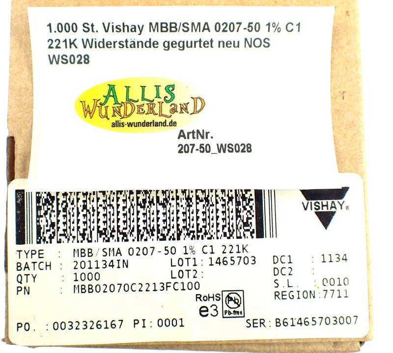 1.000 St. Vishay MBB/SMA 0207-50 1% C1 221K Widerstände gegurtet neu NOS WS028