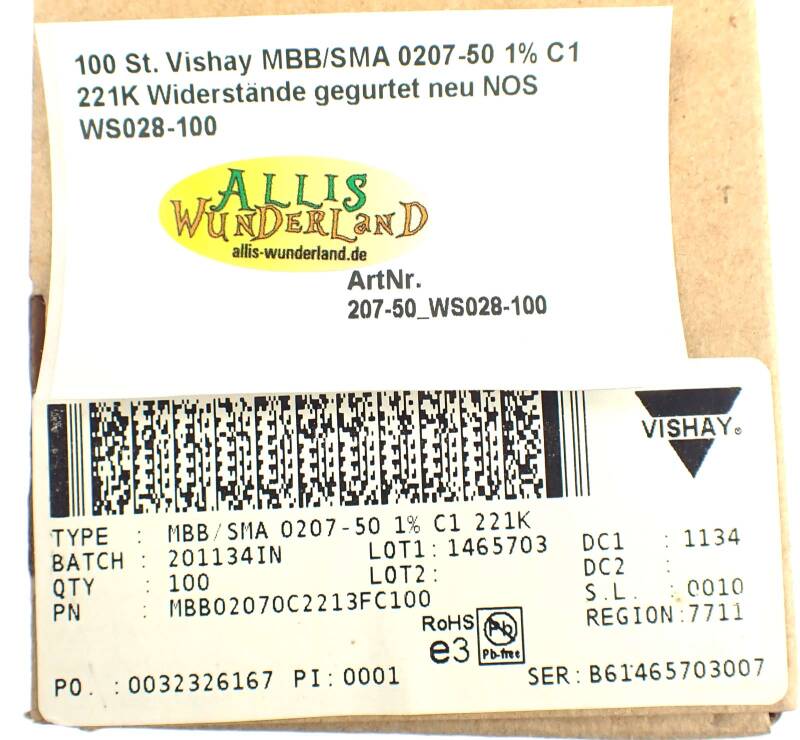 100 St. Vishay MBB/SMA 0207-50 1% C1 221K Widerstände gegurtet neu NOS WS028-100
