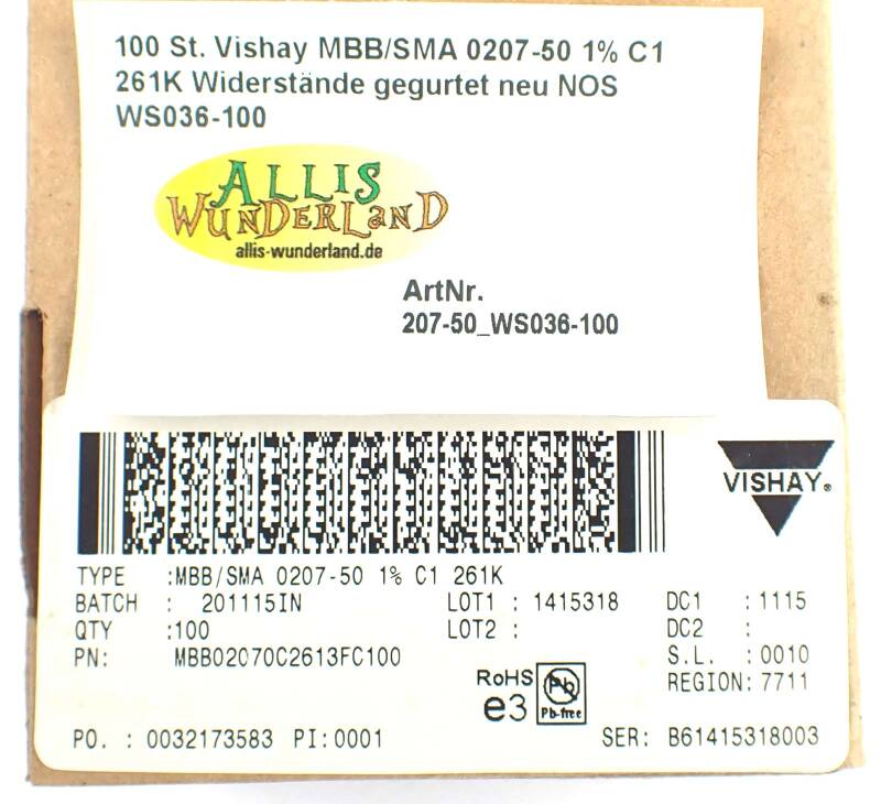 100 St. Vishay MBB/SMA 0207-50 1% C1 261K Widerstände gegurtet neu NOS WS036-100
