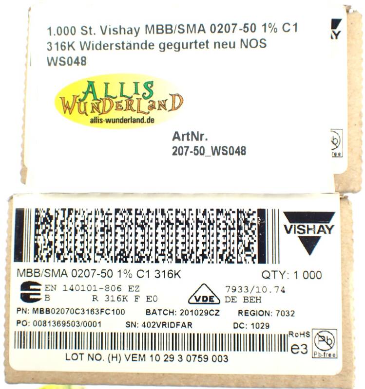 1.000 St. Vishay MBB/SMA 0207-50 1% C1 316K Widerstände gegurtet neu NOS WS048
