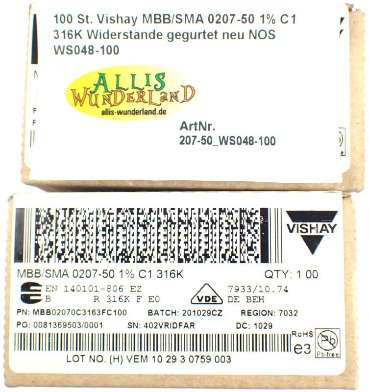 100 St. Vishay MBB/SMA 0207-50 1% C1 316K Widerstände gegurtet neu NOS WS048-100