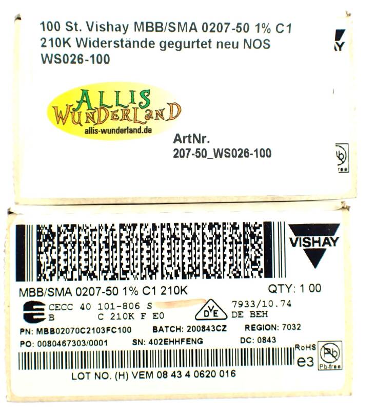 100 St. Vishay MBB/SMA 0207-50 1% C1 210K Widerstände gegurtet neu NOS WS026-100