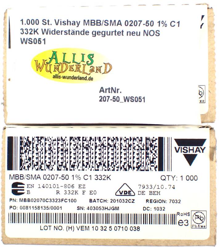 1.000 St. Vishay MBB/SMA 0207-50 1% C1 332K Widerstände gegurtet neu NOS WS051