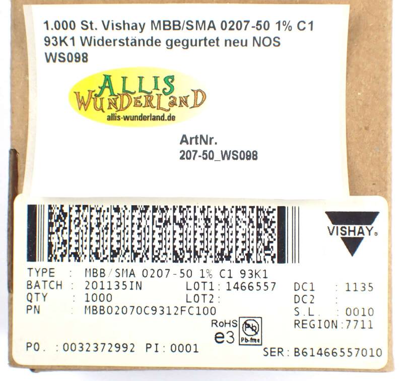 1.000 St. Vishay MBB/SMA 0207-50 1% C1 93K1 Widerstände gegurtet neu NOS WS098
