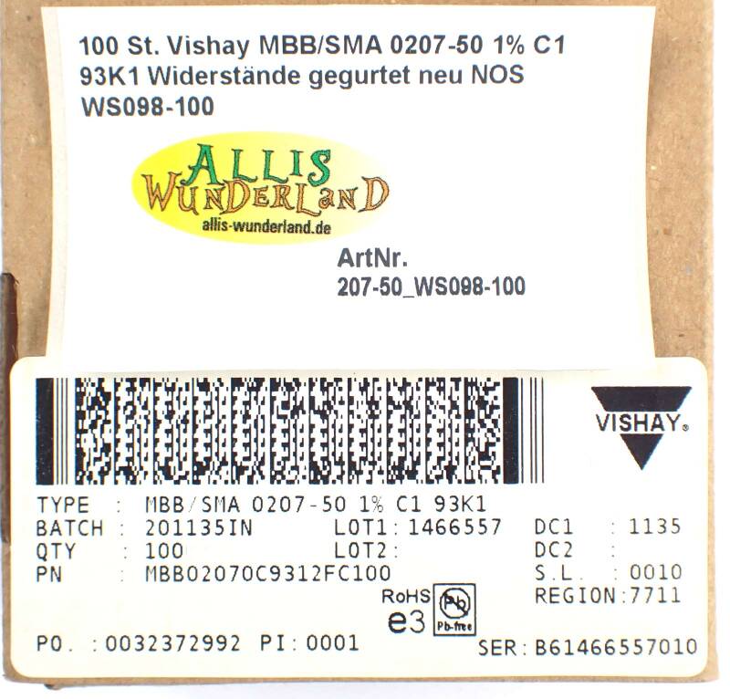 100 St. Vishay MBB/SMA 0207-50 1% C1 93K1 Widerstände gegurtet neu NOS WS098-100