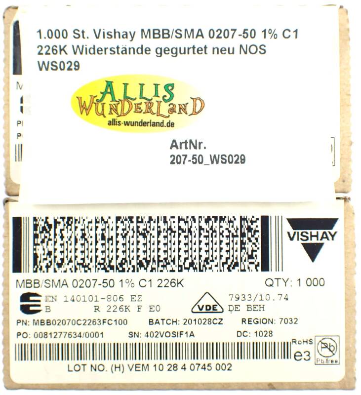 1.000 St. Vishay MBB/SMA 0207-50 1% C1 226K Widerstände gegurtet neu NOS WS029