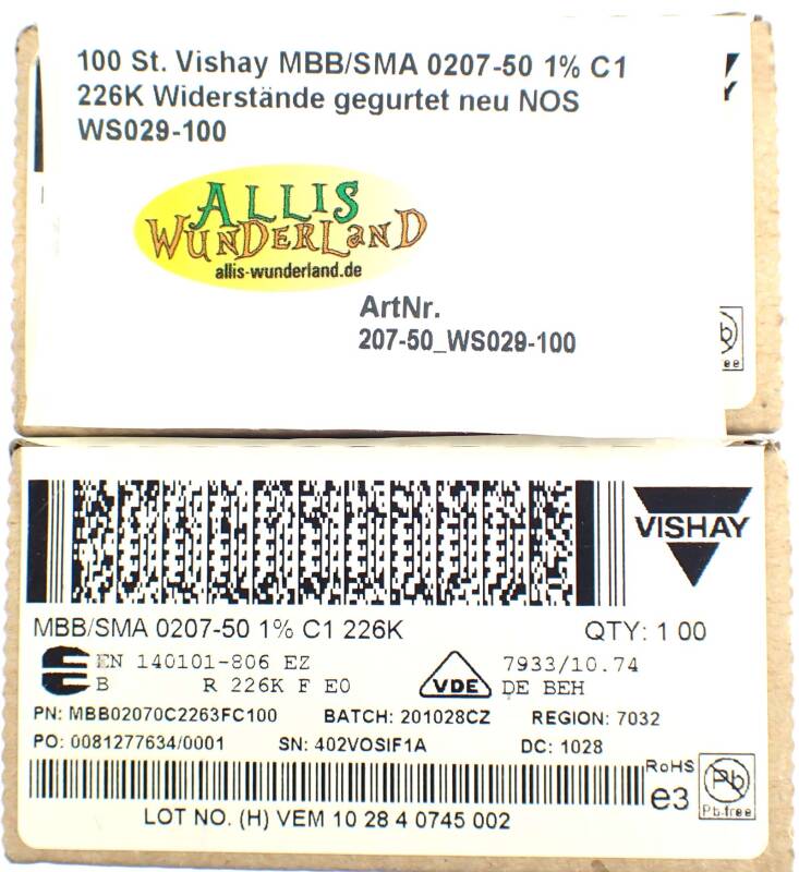 100 St. Vishay MBB/SMA 0207-50 1% C1 226K Widerstände gegurtet neu NOS WS029-100