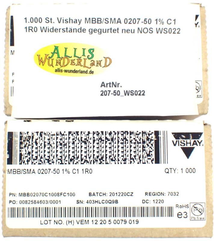 1.000 St. Vishay MBB/SMA 0207-50 1% C1 1R0 Widerstände gegurtet neu NOS WS022