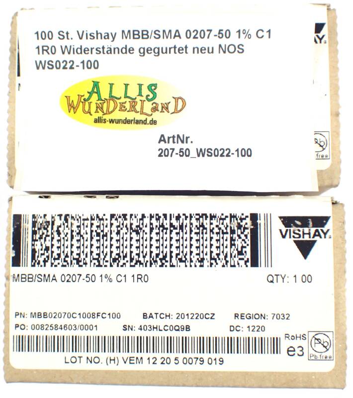 100 St. Vishay MBB/SMA 0207-50 1% C1 1R0 Widerstände gegurtet neu NOS WS022-100