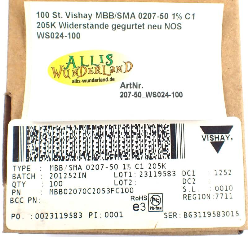 100 St. Vishay MBB/SMA 0207-50 1% C1 205K Widerstände gegurtet neu NOS WS024-100