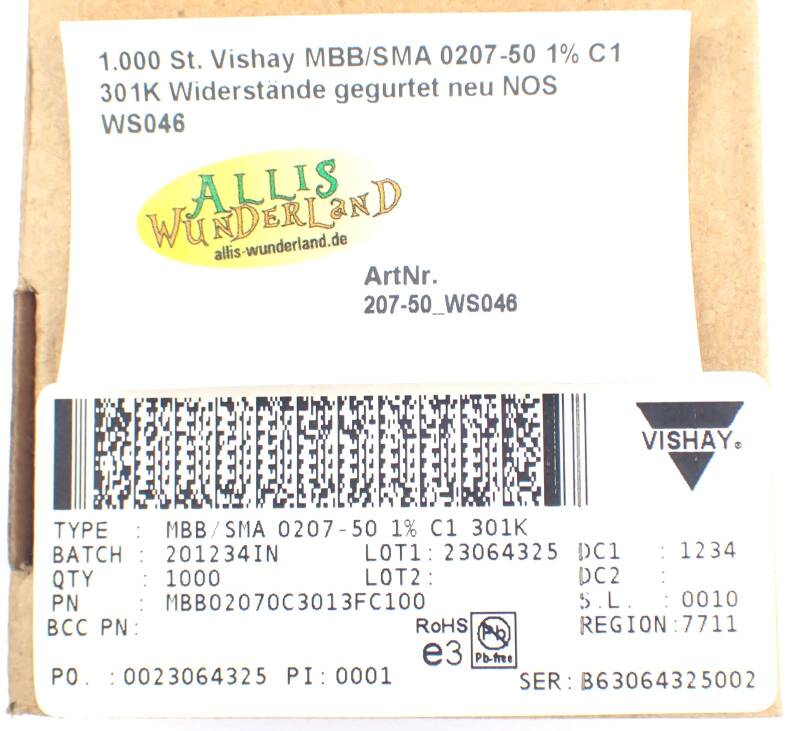 1.000 St. Vishay MBB/SMA 0207-50 1% C1 301K Widerstände gegurtet neu NOS WS046
