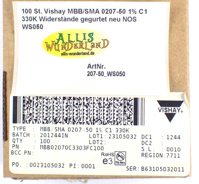 100 St. Vishay MBB/SMA 0207-50 1% C1 330K Widerstände gegurtet neu NOS WS050