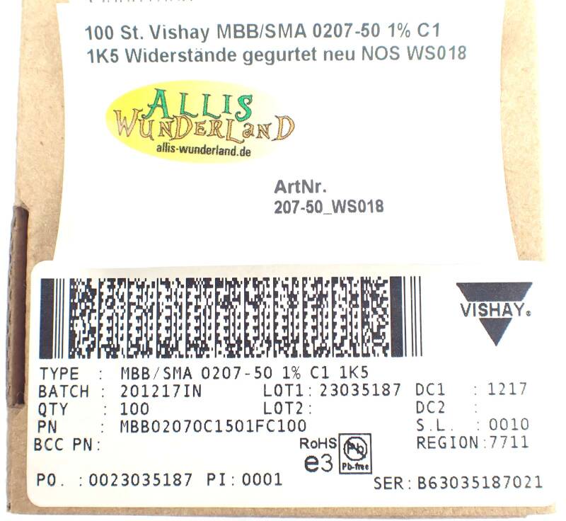 100 St. Vishay MBB/SMA 0207-50 1% C1 1K5 Widerstände gegurtet neu NOS WS018