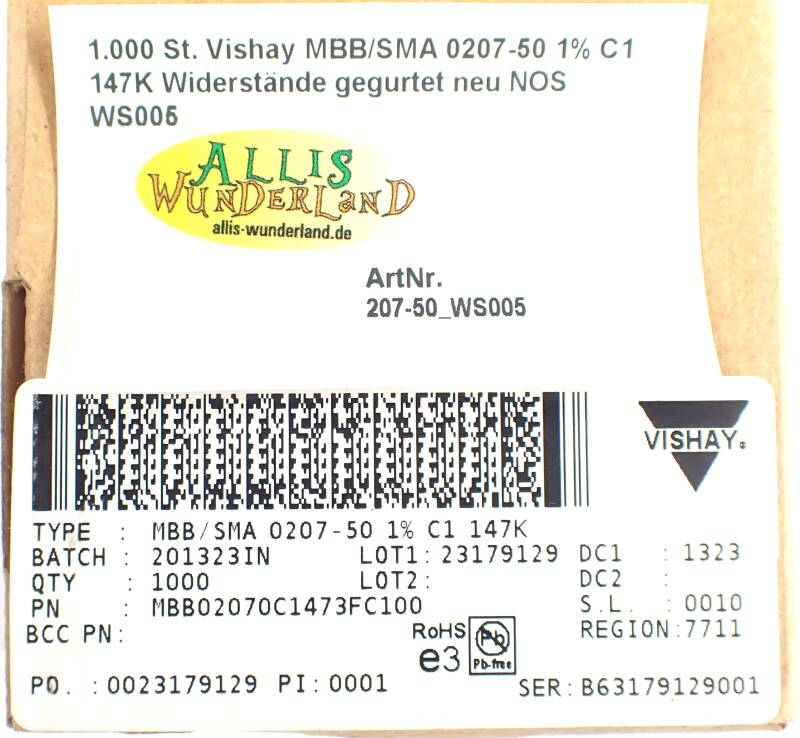 1.000 St. Vishay MBB/SMA 0207-50 1% C1 147K Widerstände gegurtet neu NOS WS005