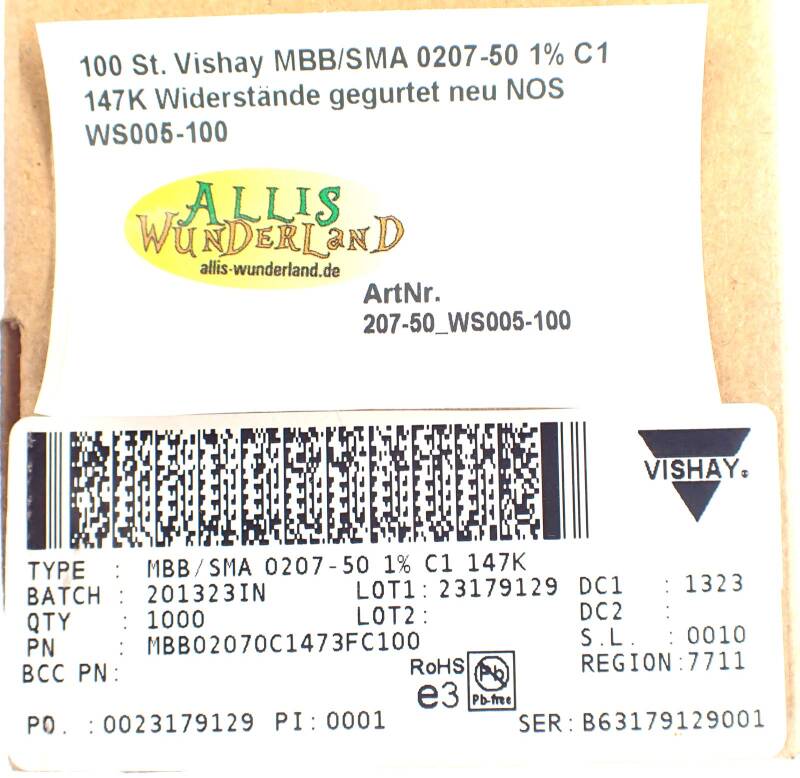 100 St. Vishay MBB/SMA 0207-50 1% C1 147K Widerstände gegurtet neu NOS WS005-100