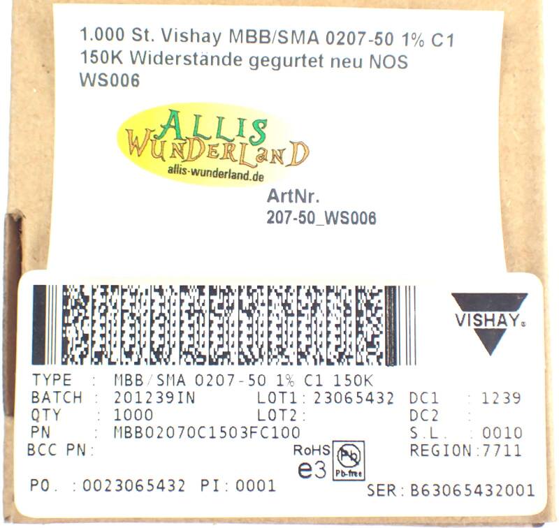 1.000 St. Vishay MBB/SMA 0207-50 1% C1 150K Widerstände gegurtet neu NOS WS006