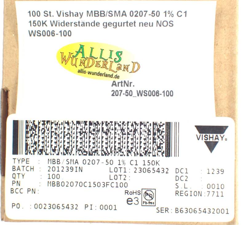100 St. Vishay MBB/SMA 0207-50 1% C1 150K Widerstände gegurtet neu NOS WS006-100