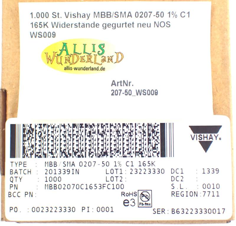 1.000 St. Vishay MBB/SMA 0207-50 1% C1 165K Widerstände gegurtet neu NOS WS009