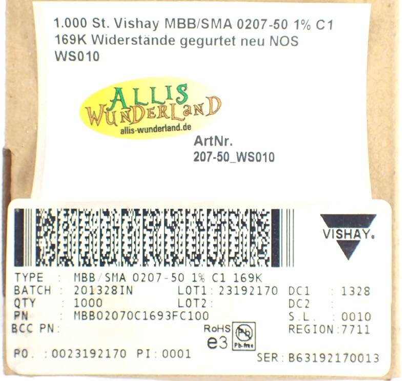1.000 St. Vishay MBB/SMA 0207-50 1% C1 169K Widerstände gegurtet neu NOS WS010