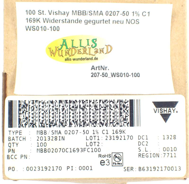 100 St. Vishay MBB/SMA 0207-50 1% C1 169K Widerstände gegurtet neu NOS WS010-100