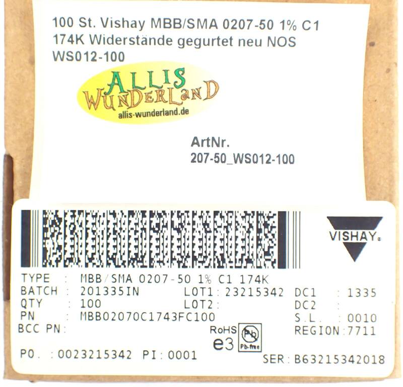 100 St. Vishay MBB/SMA 0207-50 1% C1 174K Widerstände gegurtet neu NOS WS012-100