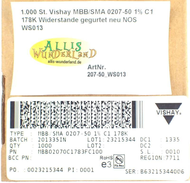 1.000 St. Vishay MBB/SMA 0207-50 1% C1 178K Widerstände gegurtet neu NOS WS013