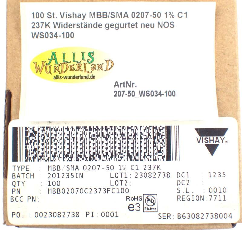 100 St. Vishay MBB/SMA 0207-50 1% C1 237K Widerstände gegurtet neu NOS WS034-100