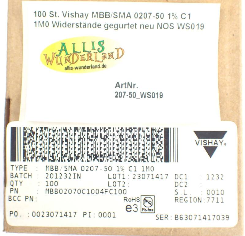 100 St. Vishay MBB/SMA 0207-50 1% C1 1M0 Widerstände gegurtet neu NOS WS019