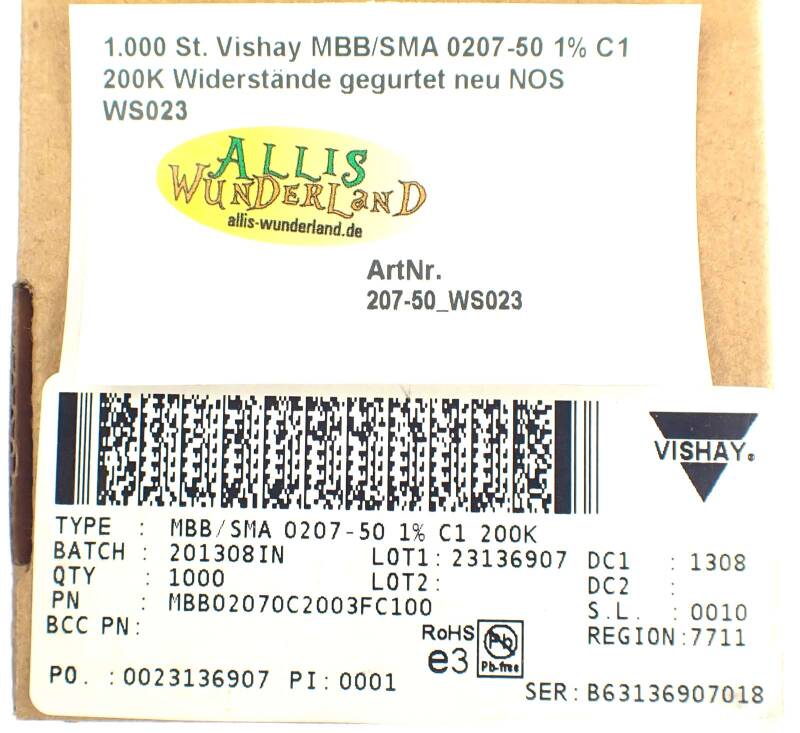 1.000 St. Vishay MBB/SMA 0207-50 1% C1 200K Widerstände gegurtet neu NOS WS023