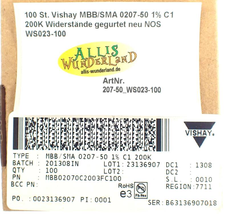 100 St. Vishay MBB/SMA 0207-50 1% C1 200K Widerstände gegurtet neu NOS WS023-100