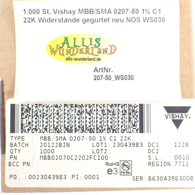 1.000 St. Vishay MBB/SMA 0207-50 1% C1 22K Widerstände gegurtet neu NOS WS030