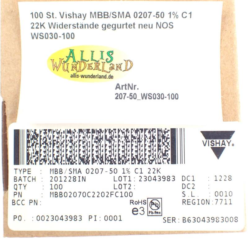 100 St. Vishay MBB/SMA 0207-50 1% C1 22K Widerstände gegurtet neu NOS WS030-100