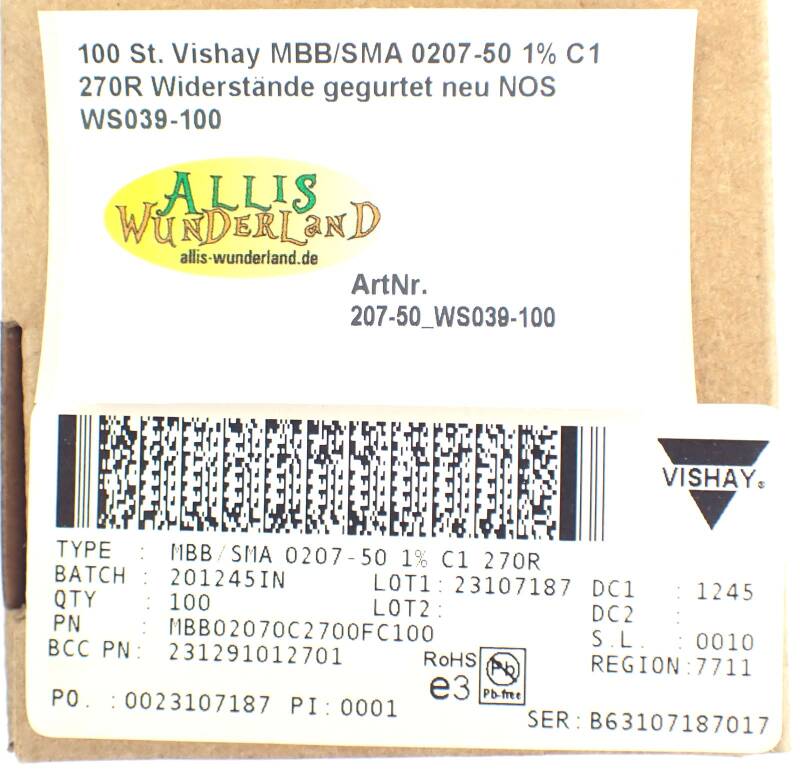 100 St. Vishay MBB/SMA 0207-50 1% C1 270R Widerstände gegurtet neu NOS WS039-100