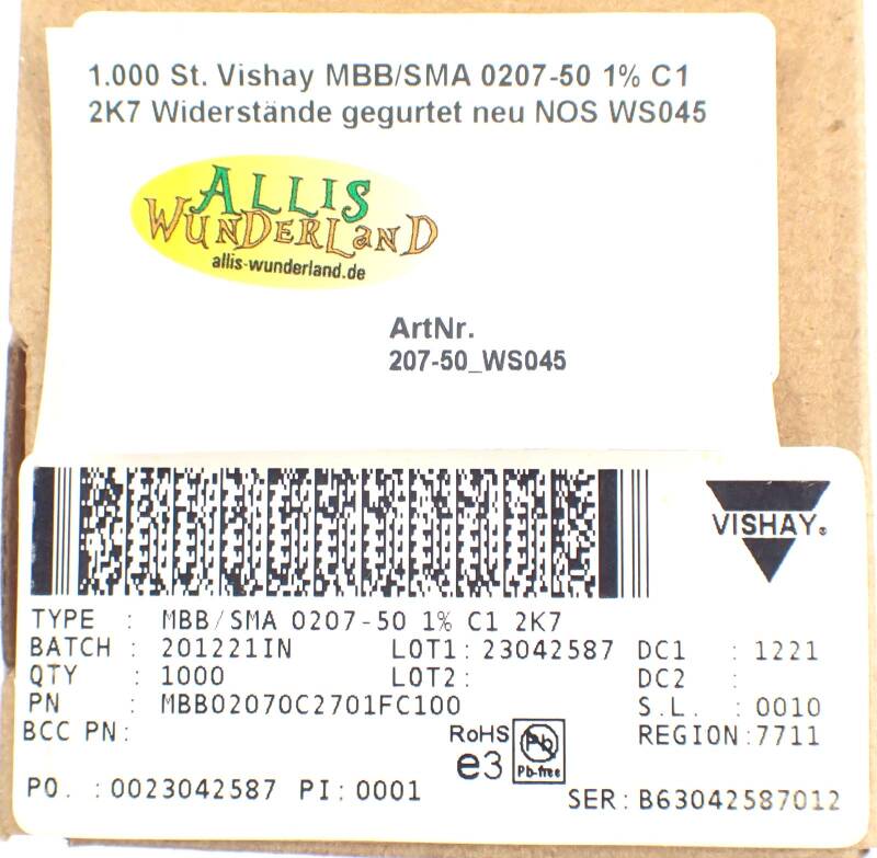 1.000 St. Vishay MBB/SMA 0207-50 1% C1 2K7 Widerstände gegurtet neu NOS WS045
