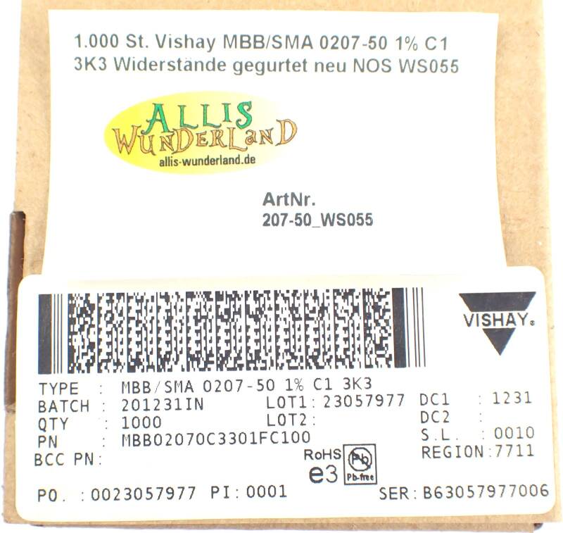 1.000 St. Vishay MBB/SMA 0207-50 1% C1 3K3 Widerstände gegurtet neu NOS WS055