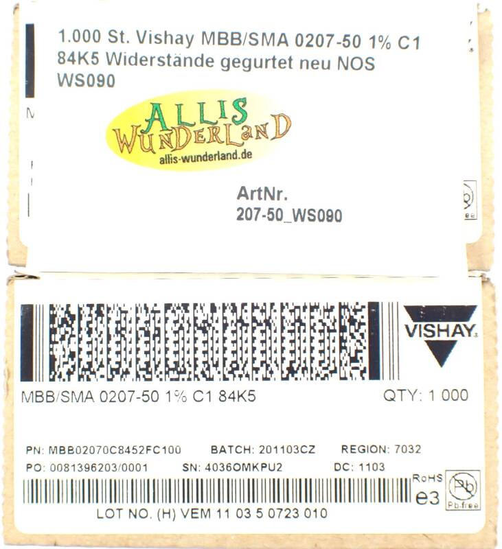 1.000 St. Vishay MBB/SMA 0207-50 1% C1 84K5 Widerstände gegurtet neu NOS WS090